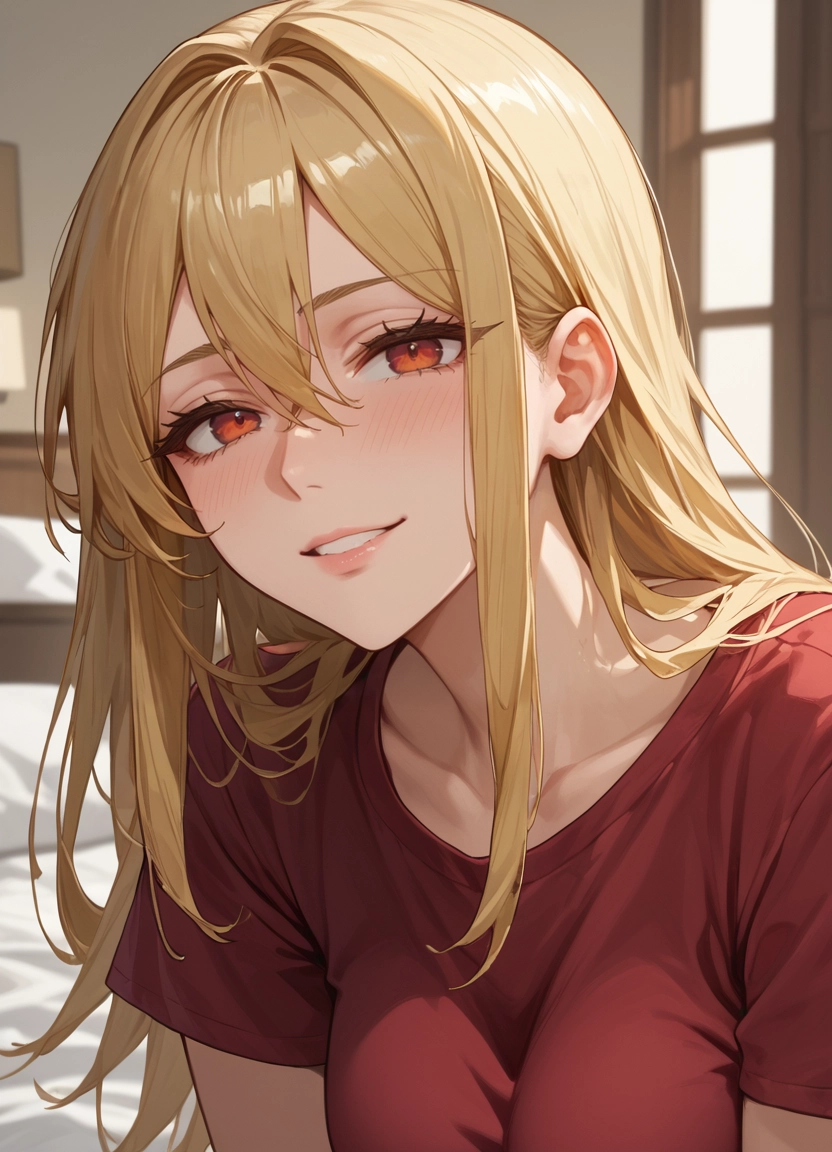 1girl, solo, shirt, blonde hair, looking at viewer, red eyes