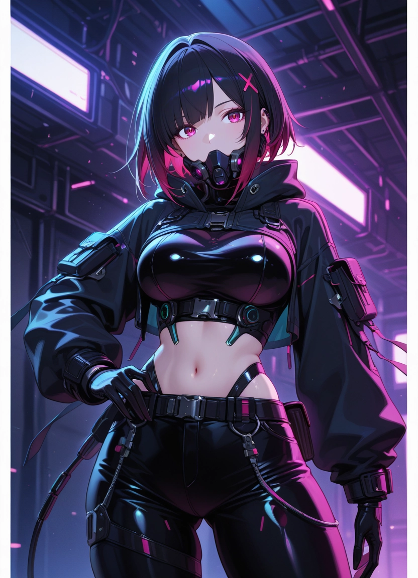 1girl, breasts, solo, navel, black hair, gloves · Yamete.gg