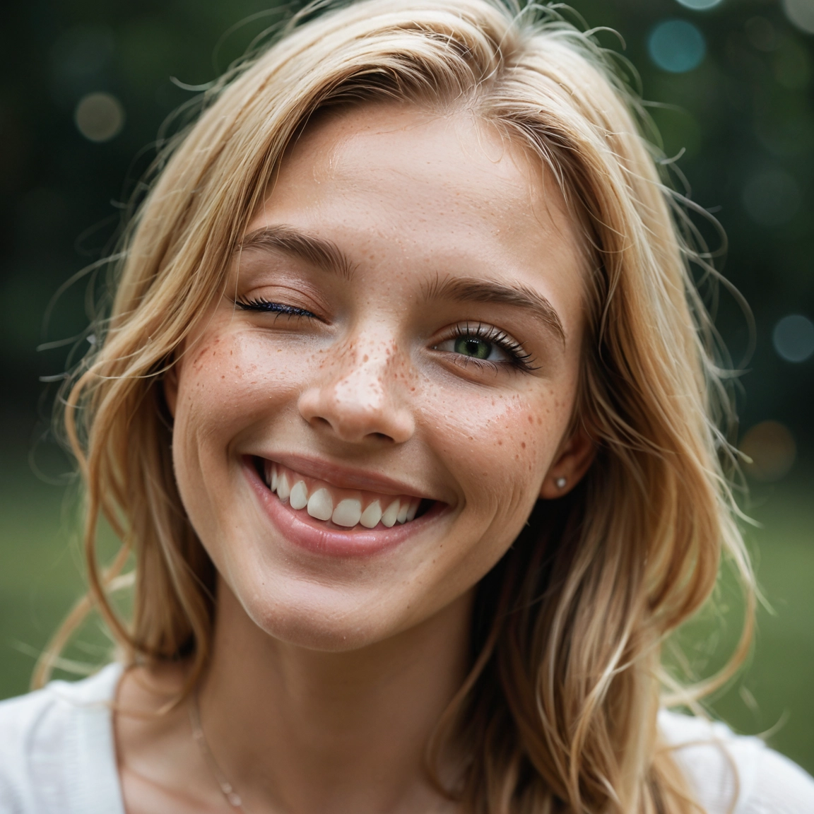 1girl, solo, jewelry, smile, blonde hair, one eye closed · Yamete.gg