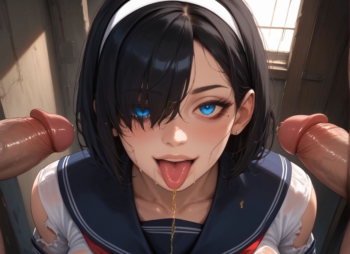 1girl, penis, multiple boys, tongue, hetero, hairband · Yamete.gg