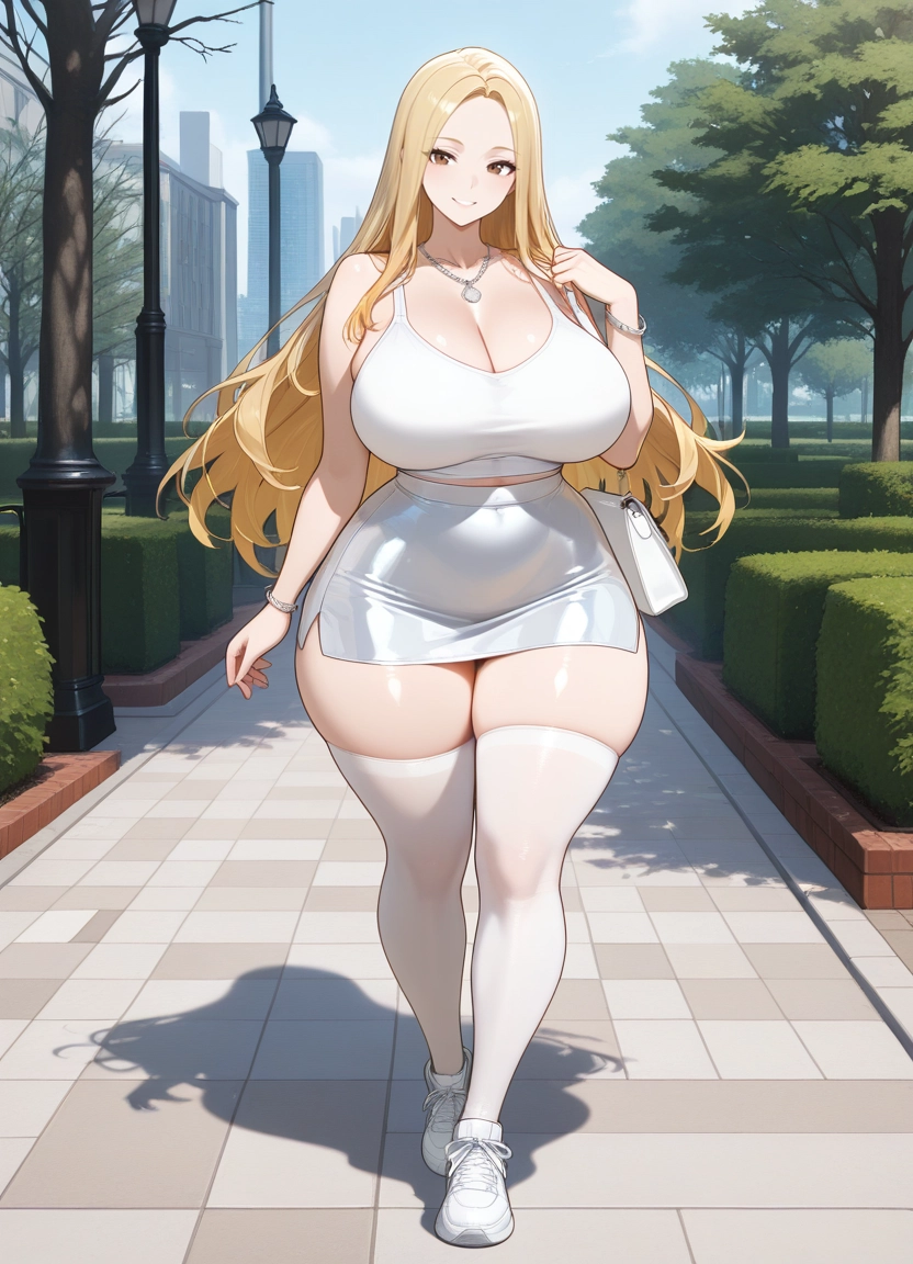 1girl, solo, breasts, thighs, blonde hair, thighhighs · Yamete.gg