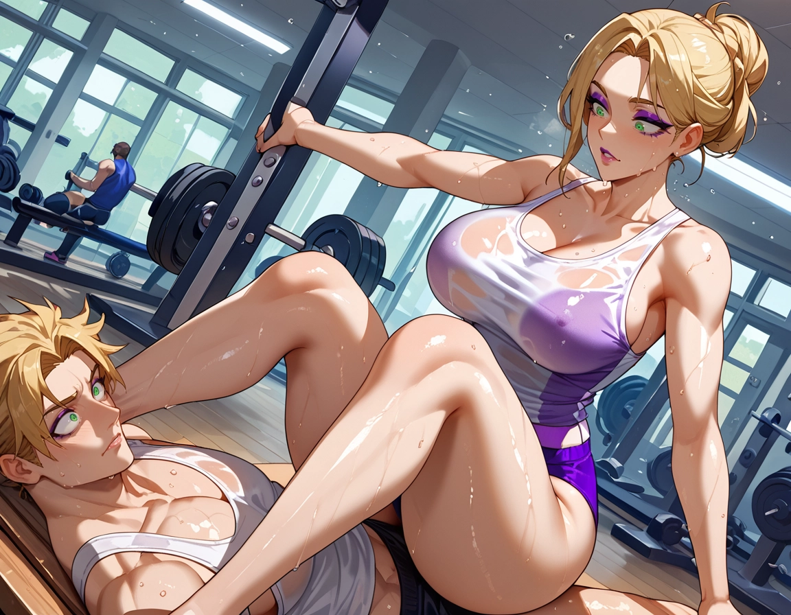 exercise, 1girl, blonde hair, breasts, weightlifting, green eyes · Yamete.gg