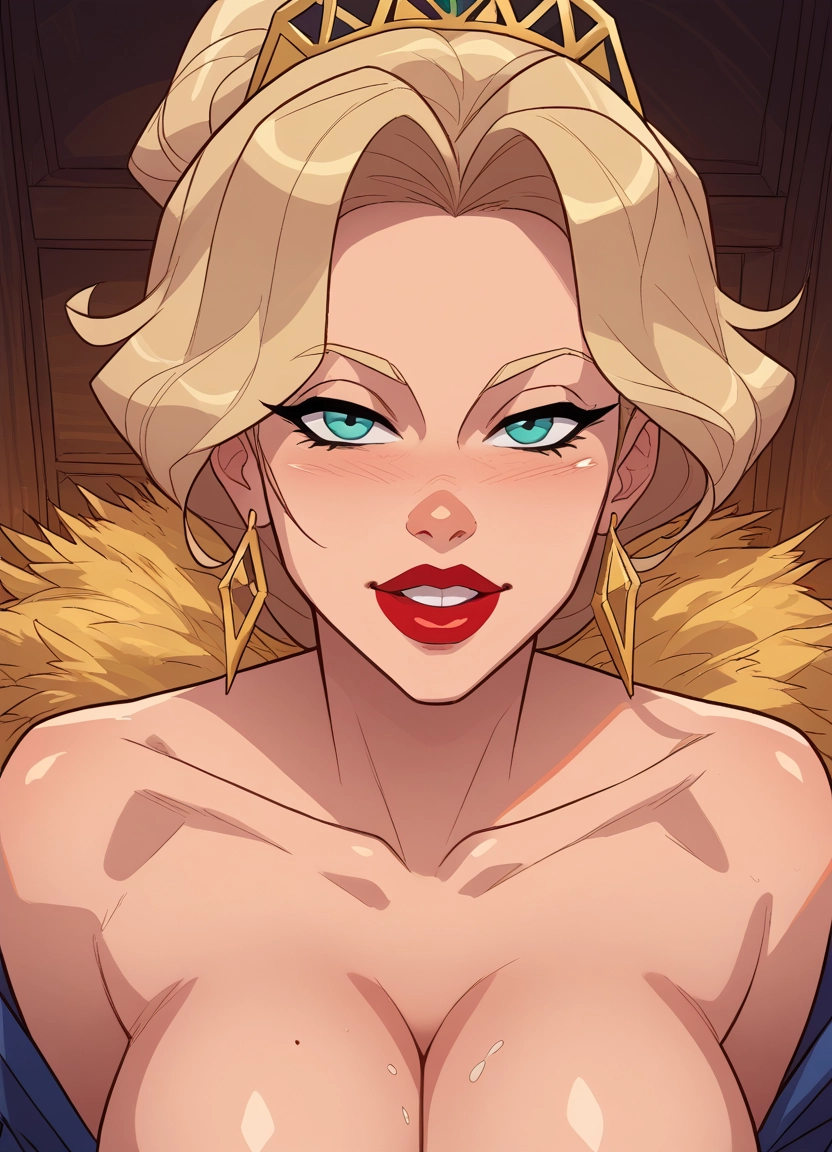 1girl, breasts, jewelry, earrings, blonde hair, cleavage