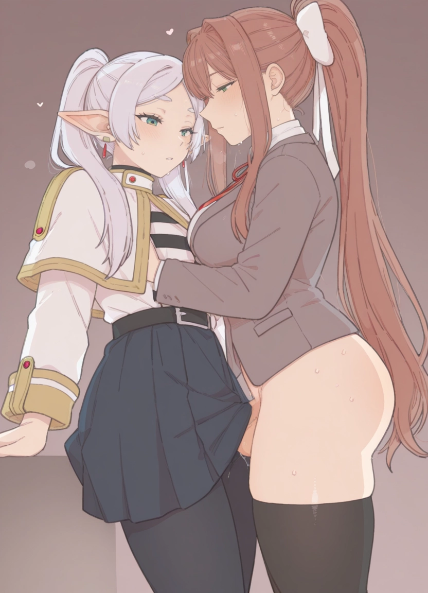 futanari, multiple girls, 2girls, brown hair, monika (doki doki literature club), long hair · Yamete.gg