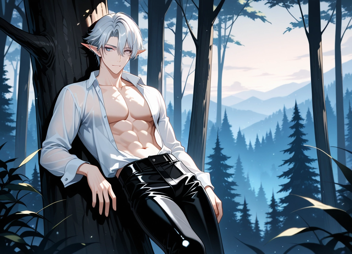 1boy, male focus, pointy ears, shirt, pants, tree · Yamete.gg
