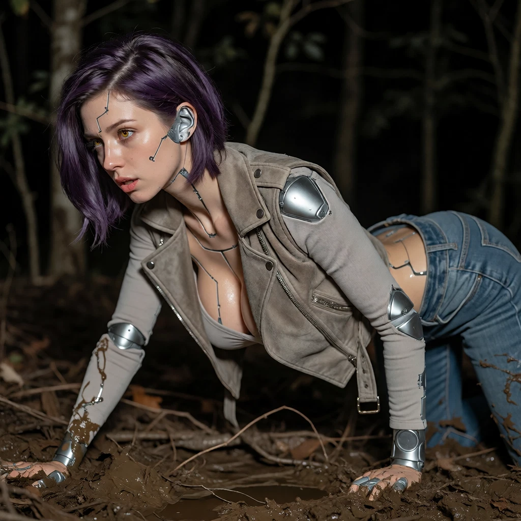 1girl, breasts, denim, solo, pants, purple hair · Yamete.gg
