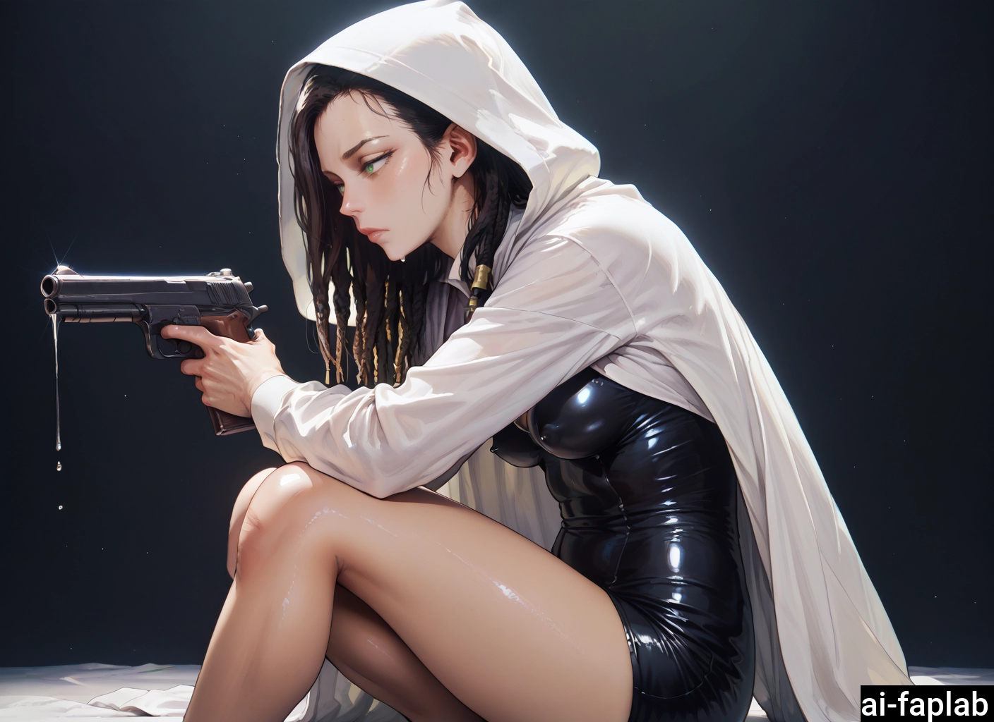 1girl, shiny clothes, solo, weapon, gun, wet · Yamete.gg