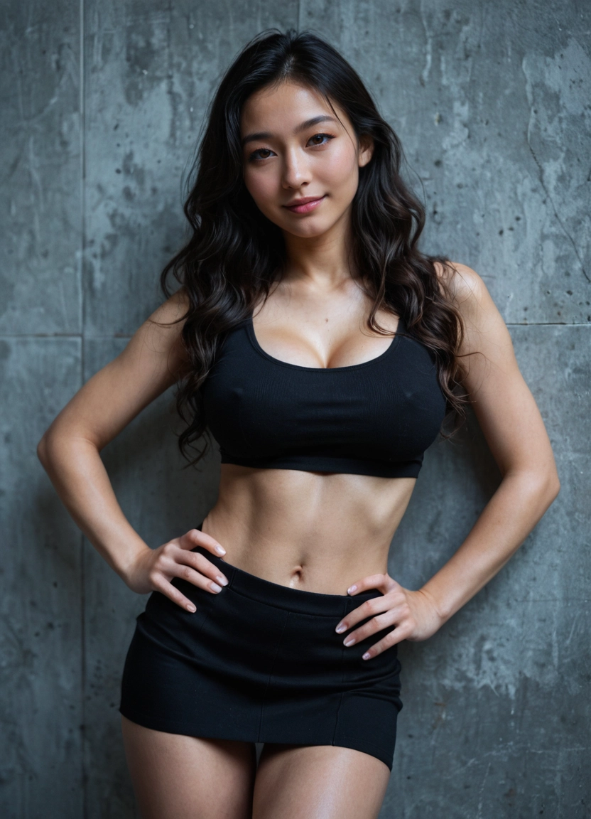 1girl, solo, breasts, black hair, realistic, navel · Yamete.gg