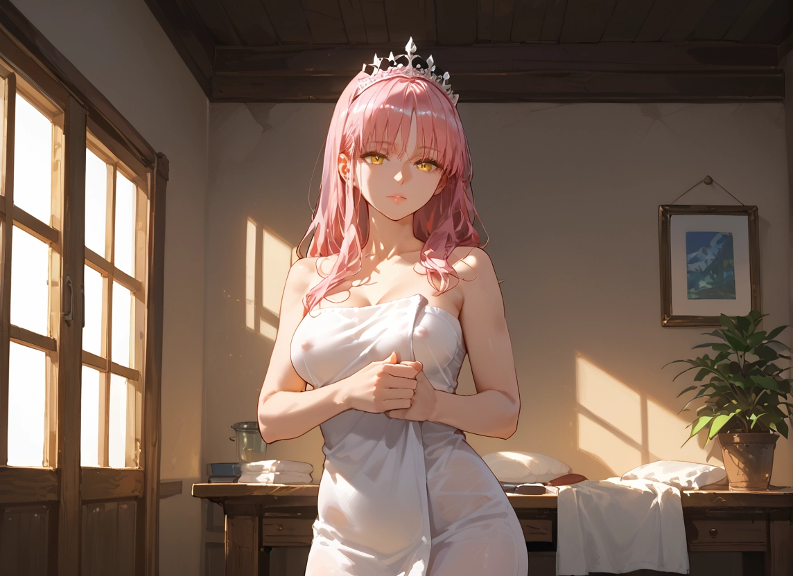 1girl, breasts, pink hair, solo, long hair, towel · Yamete.gg