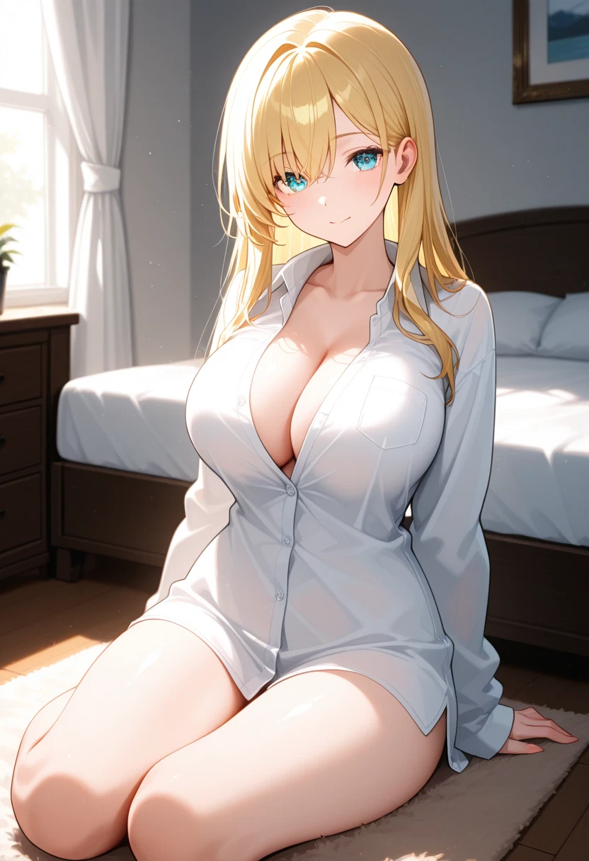 1girl, breasts, blonde hair, solo, shirt, large breasts