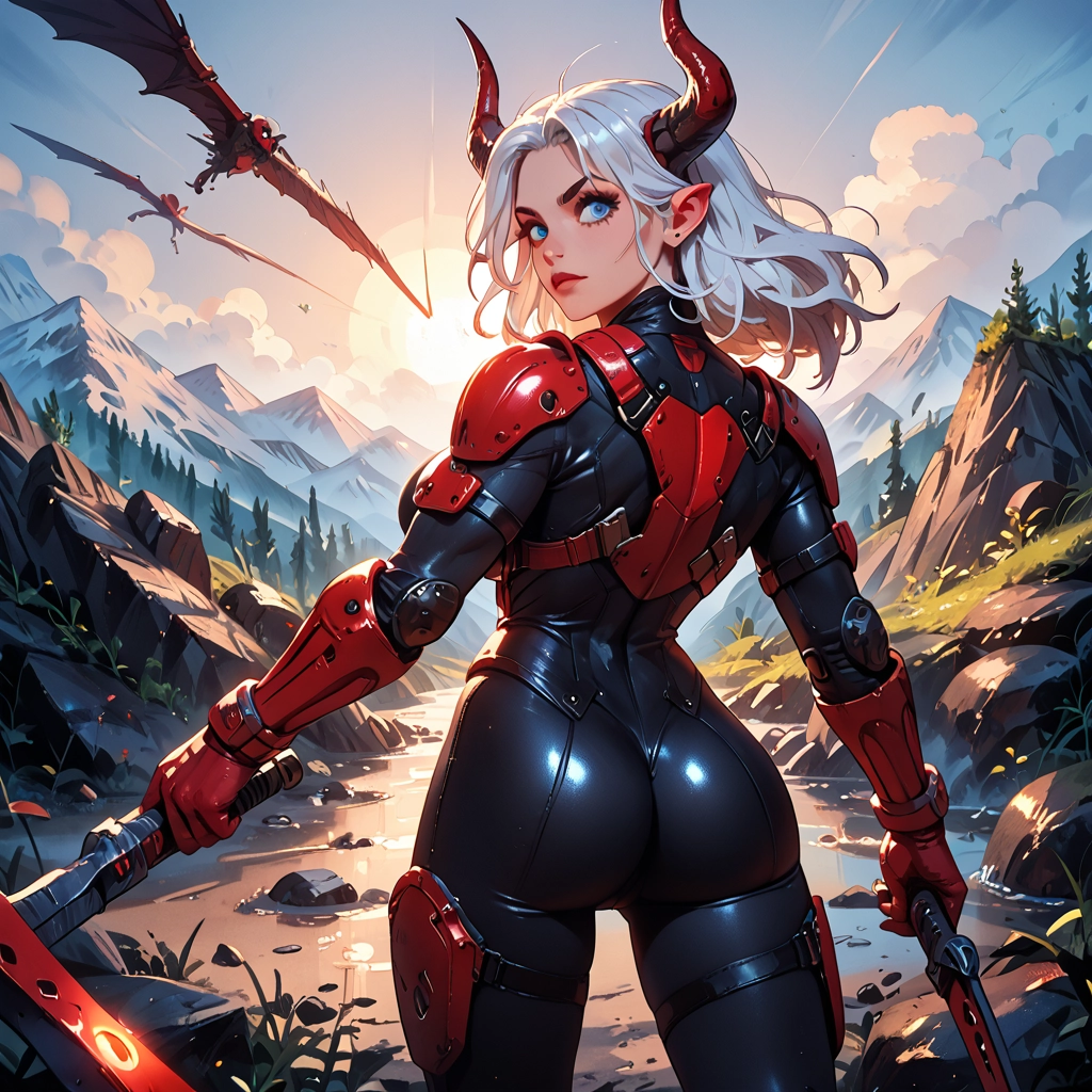 ass, horns, weapon, bodysuit, sword, blue eyes · Yamete.gg