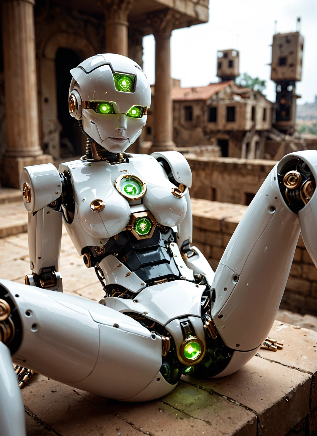 1girl, solo, spread legs, green eyes, sitting, robot joints · Yamete.gg