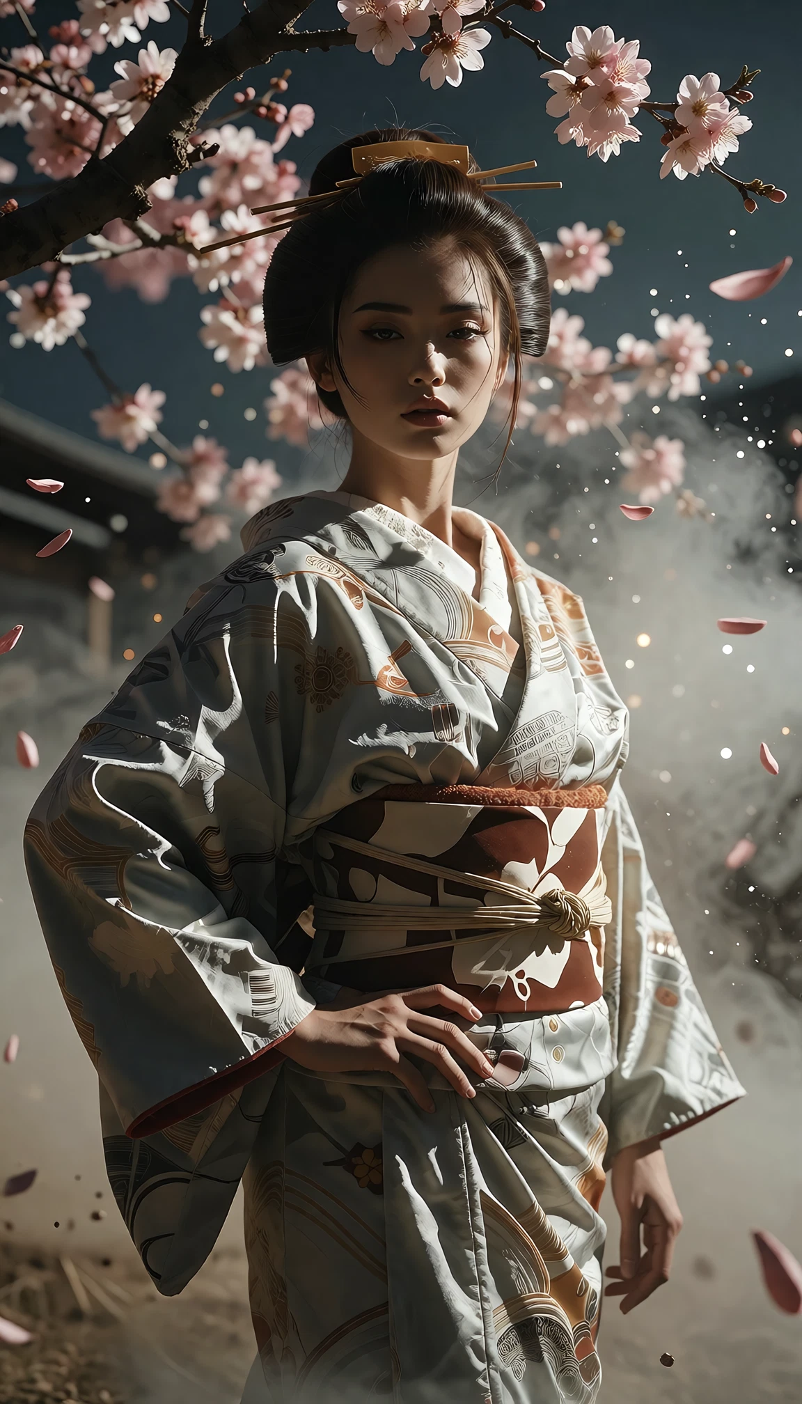1girl, japanese clothes, solo, kimono, cherry blossoms, sash · Yamete.gg