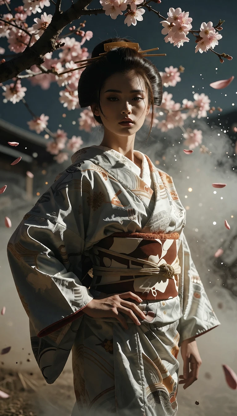 1girl, japanese clothes, solo, kimono, cherry blossoms, sash