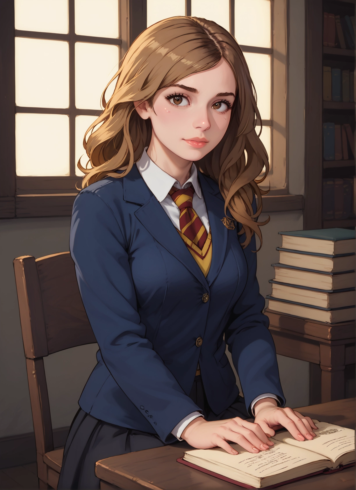 1girl, solo, book, school uniform, necktie, brown eyes · Yamete.gg