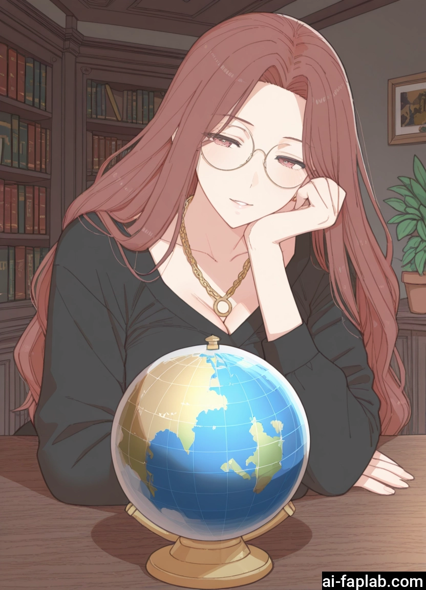 1girl, breasts, glasses, long hair, brown hair, globe
