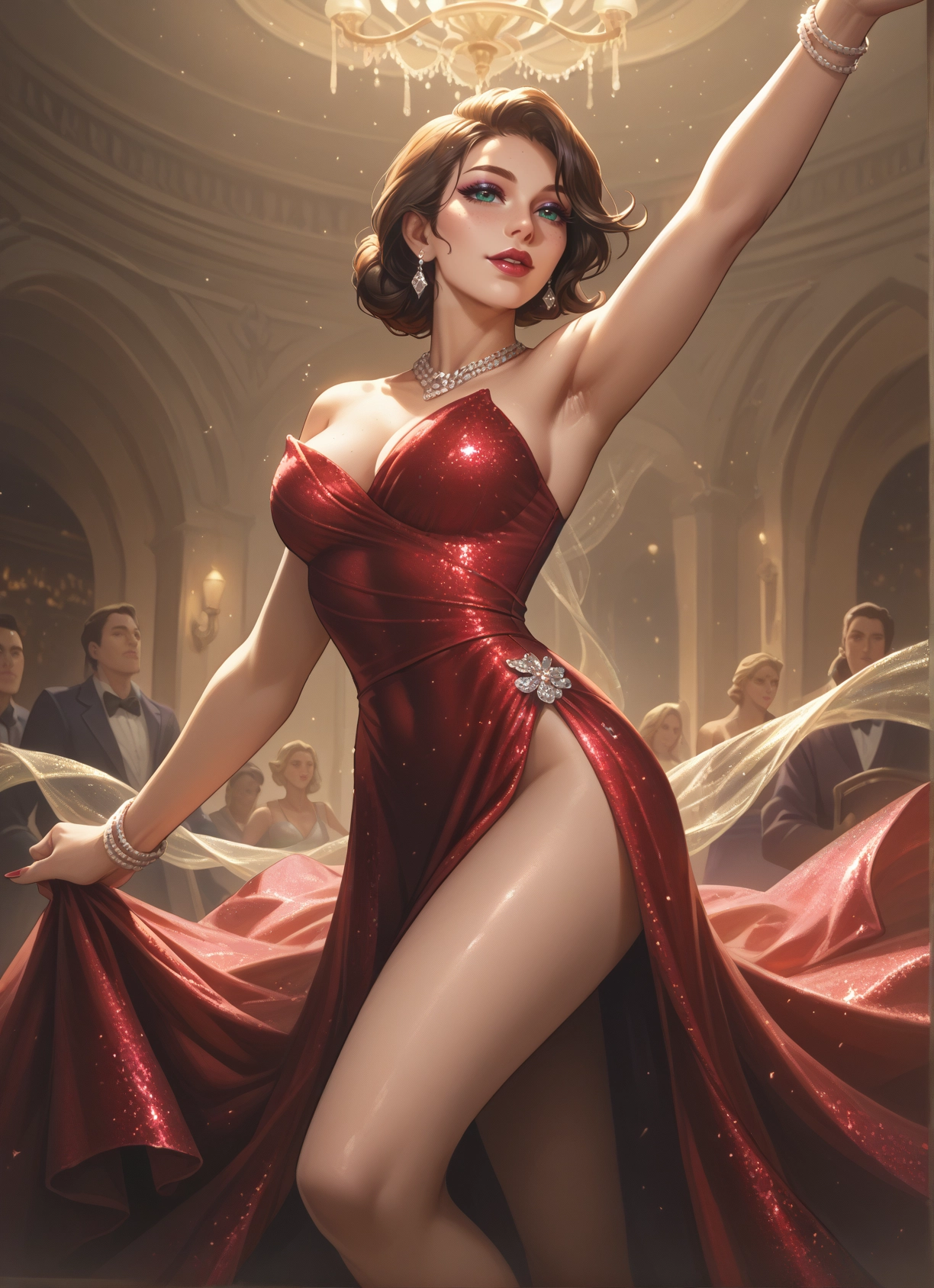 dress, breasts, jewelry, red dress, earrings, armpits · Yamete.gg