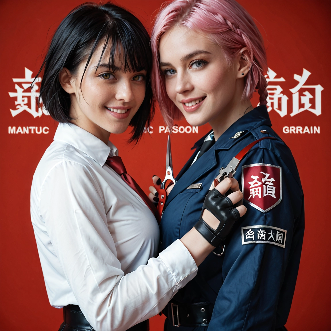 multiple girls, 2girls, gloves, black hair, fingerless gloves, pink hair · Yamete.gg