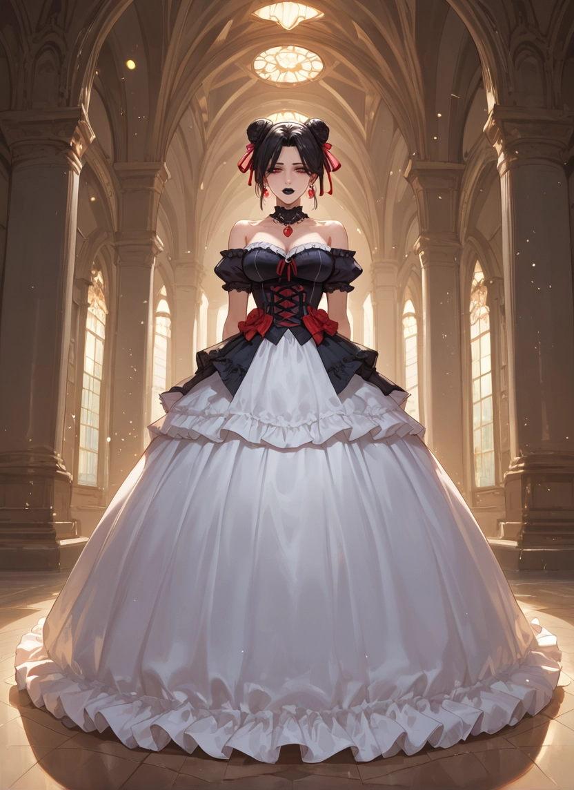 1girl, dress, breasts, solo, double bun, jewelry · Yamete.gg