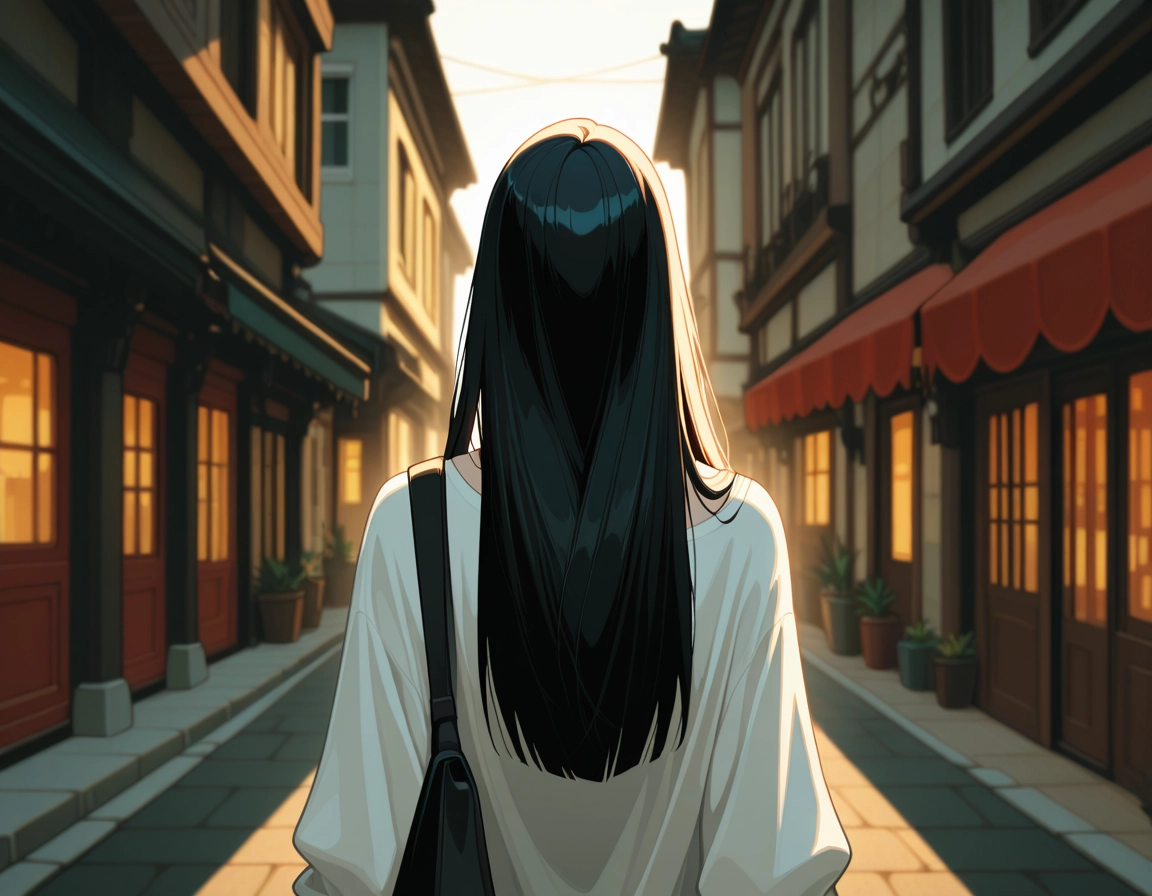 1girl, solo, long hair, black hair, from behind, plant · Yamete.gg