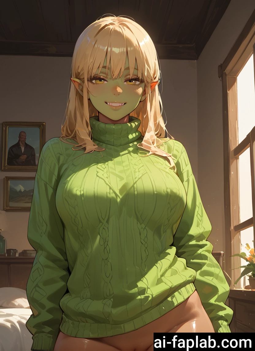 1girl, breasts, pointy ears, sweater, smile, looking at viewer · Yamete.gg