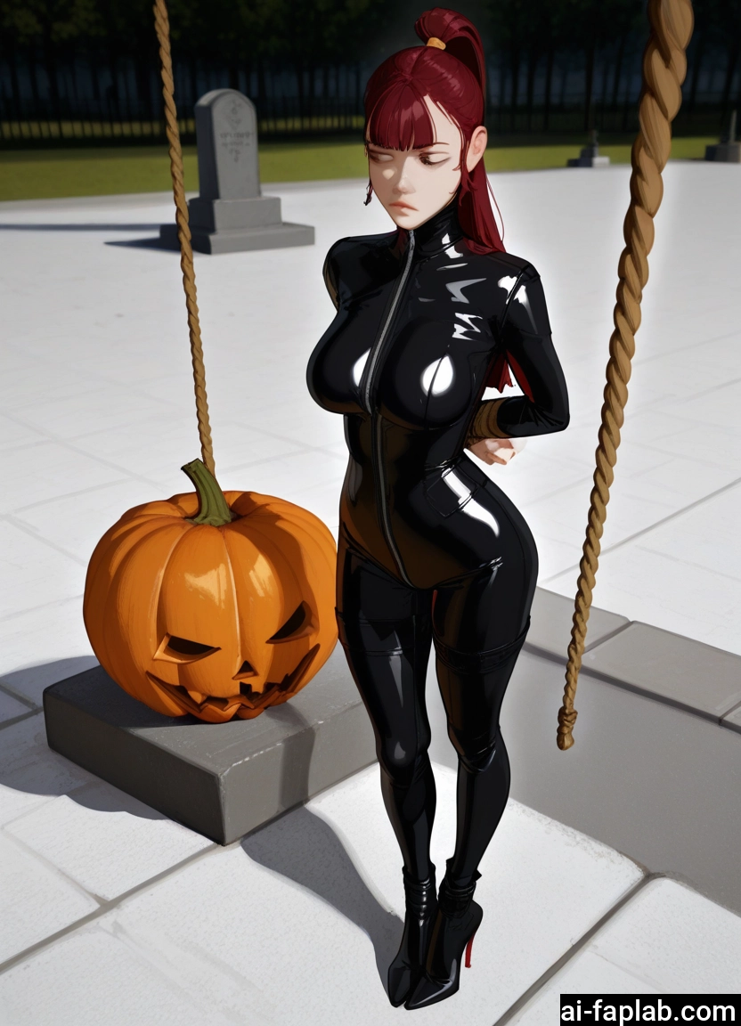 1girl, bodysuit, solo, jack-o'-lantern, high heels, breasts