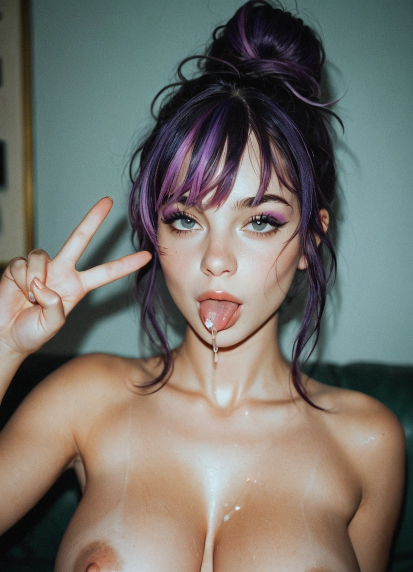 1girl, breasts, solo, nipples, tongue, v · Yamete.gg