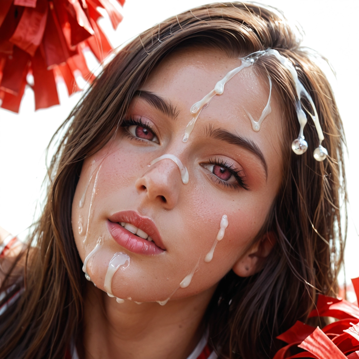 1girl, solo, cum, facial, pom pom (cheerleading), looking at viewer · Yamete.gg