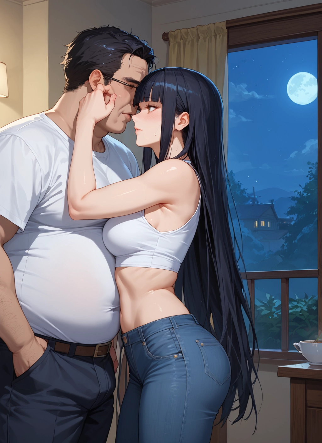 1girl, long hair, 1boy, breasts, black hair, pants · Yamete.gg