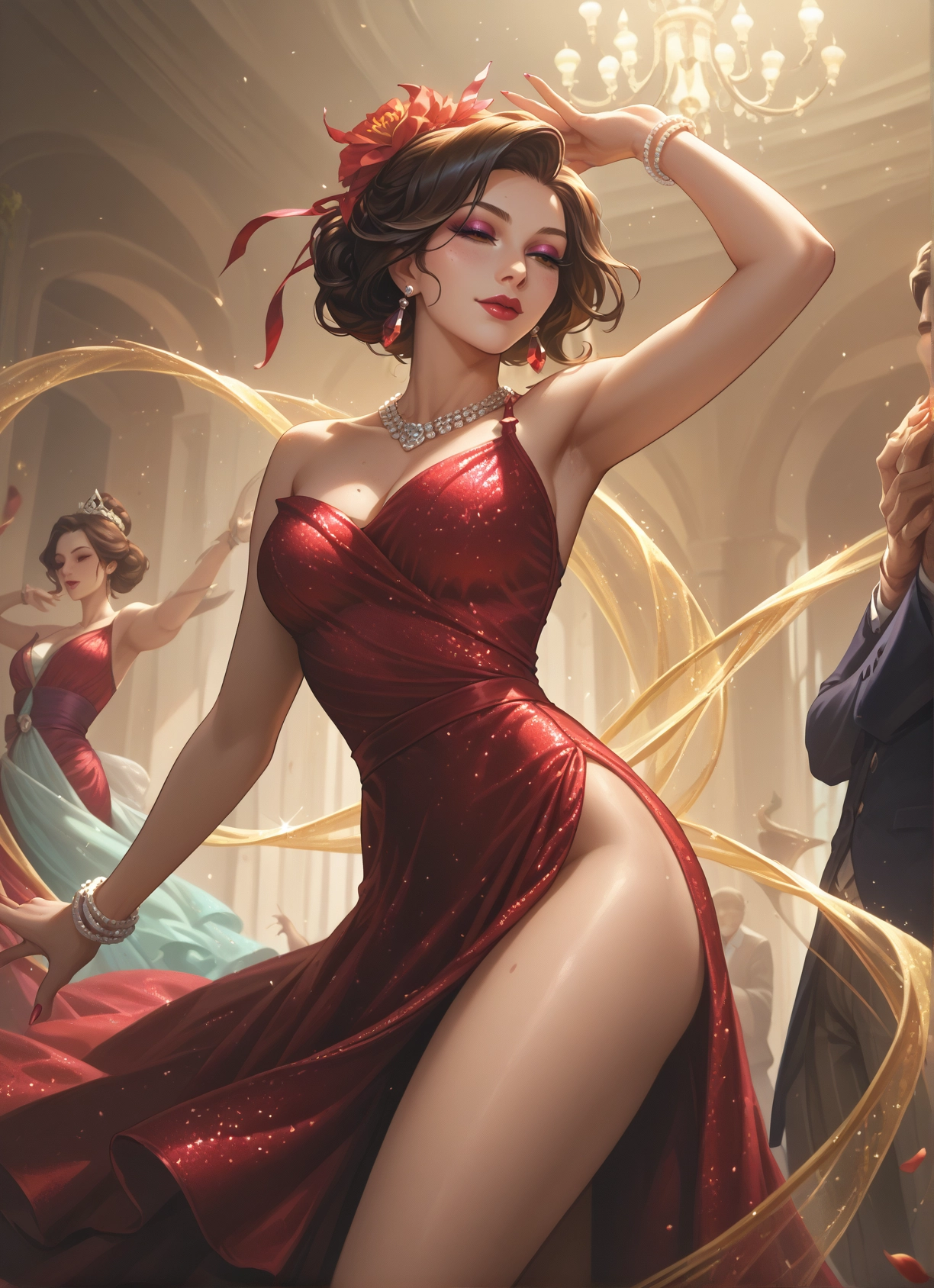 dress, breasts, jewelry, flower, hair ornament, red dress · Yamete.gg