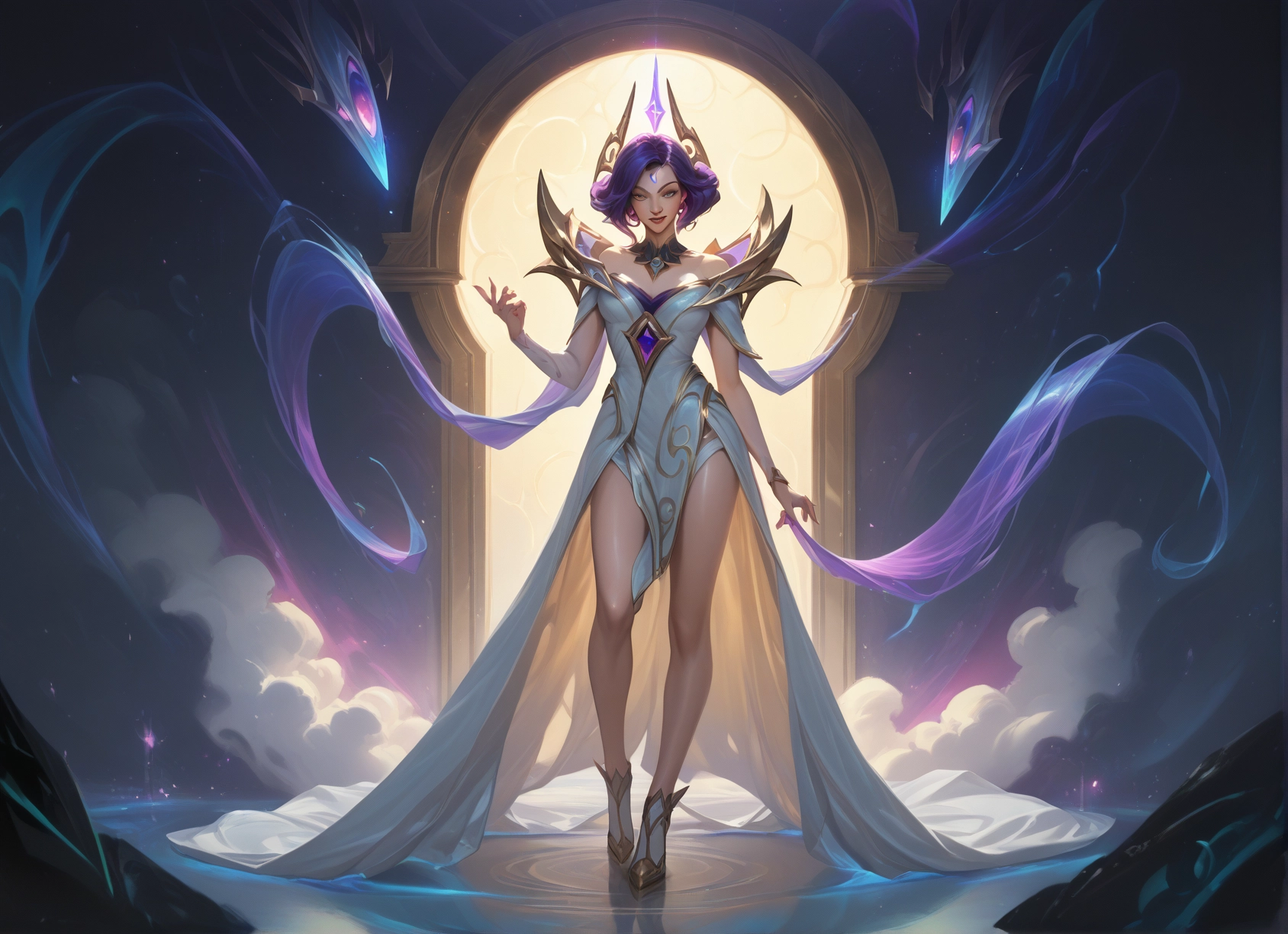 1girl, solo, purple hair, dress, blue eyes, standing · Yamete.gg