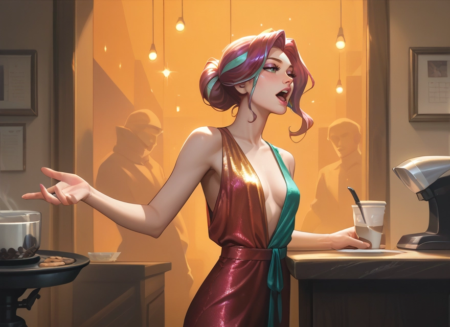 breasts, 1girl, dress, multicolored hair, open mouth, cup · Yamete.gg