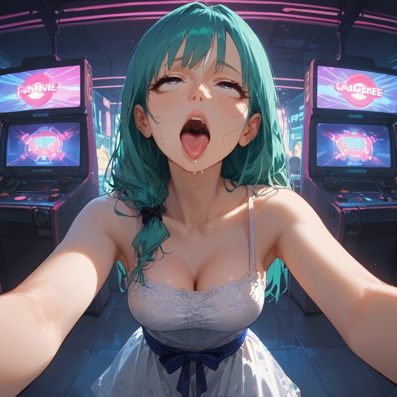 breasts, dress, open mouth, cleavage, 1girl, tongue · Yamete.gg