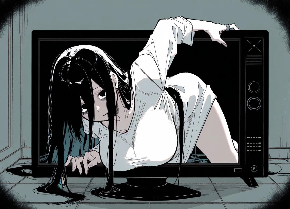 1girl, long hair, breasts, shirt, solo, through screen · Yamete.gg