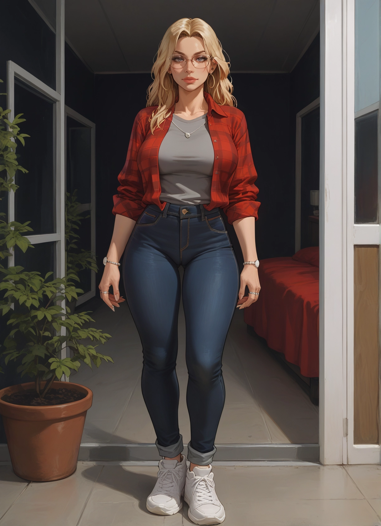 1girl, blonde hair, pants, glasses, jewelry, shoes · Yamete.gg