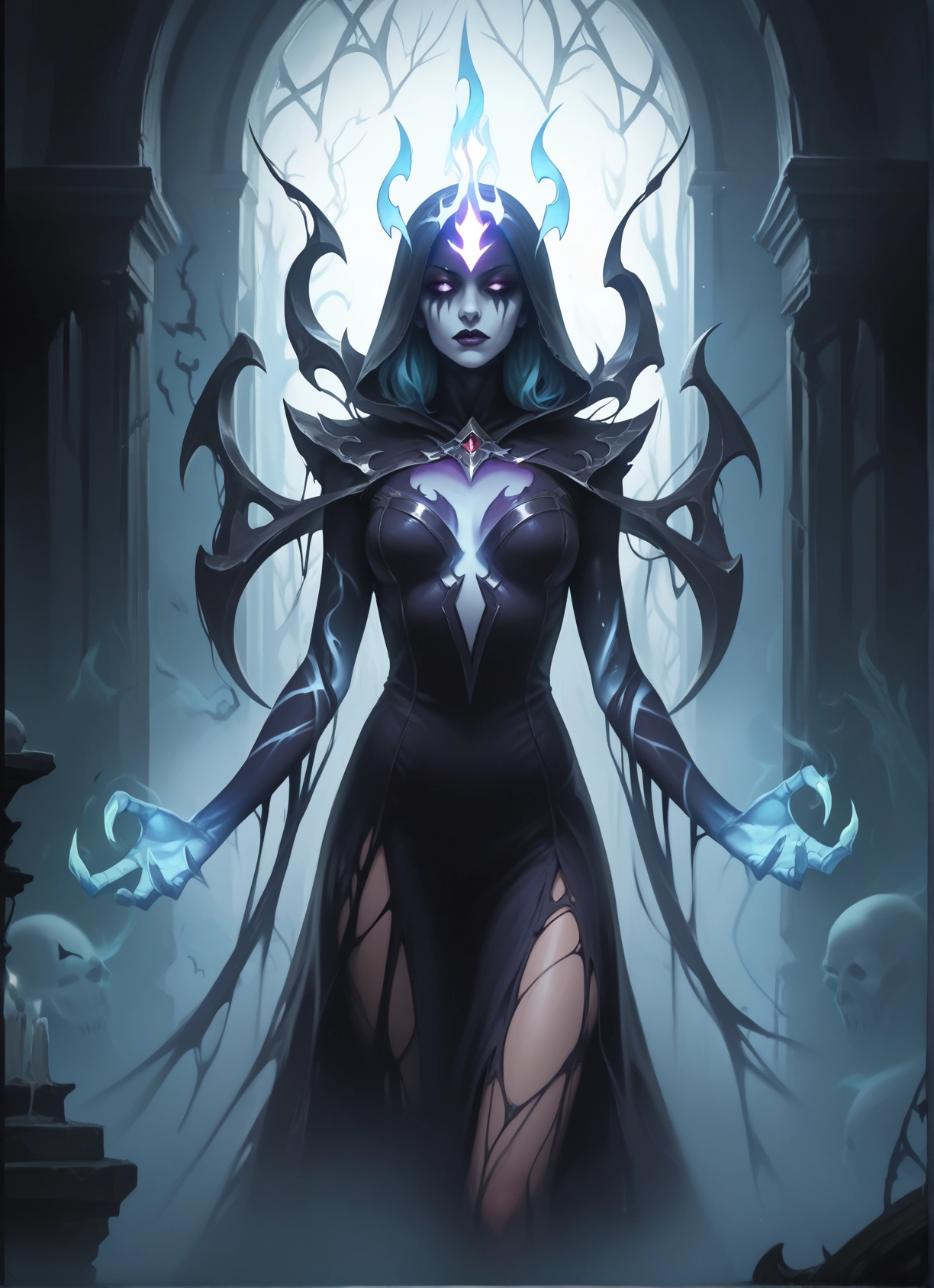 1girl, solo, breasts, torn clothes, hood, skull · Yamete.gg