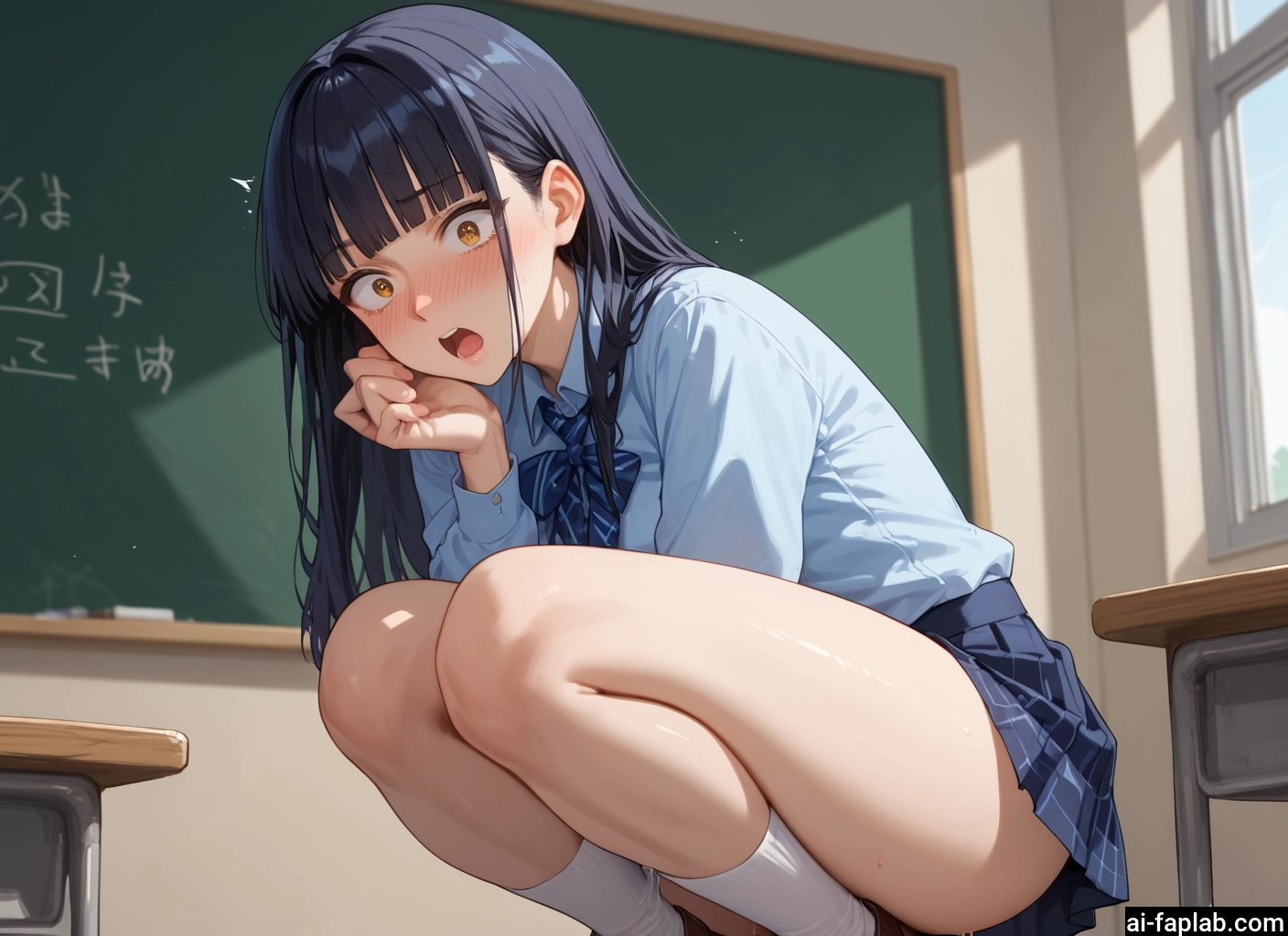 1girl, skirt, long hair, blush, solo, squatting · Yamete.gg