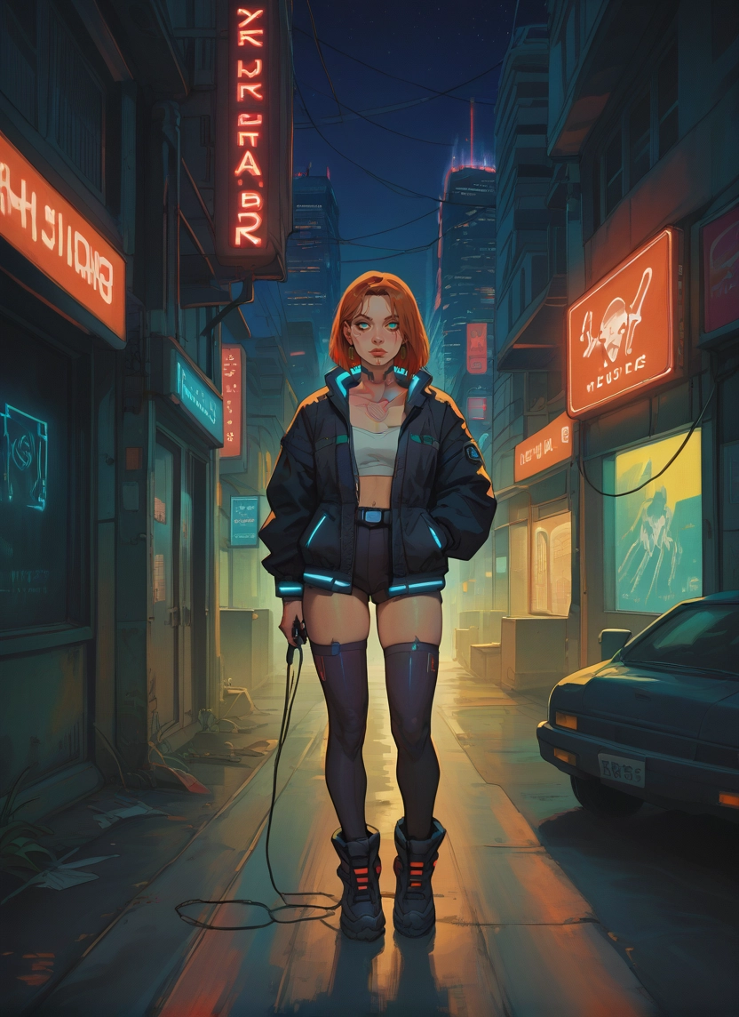 1girl, neon lights, motor vehicle, car, thighhighs, solo · Yamete.gg