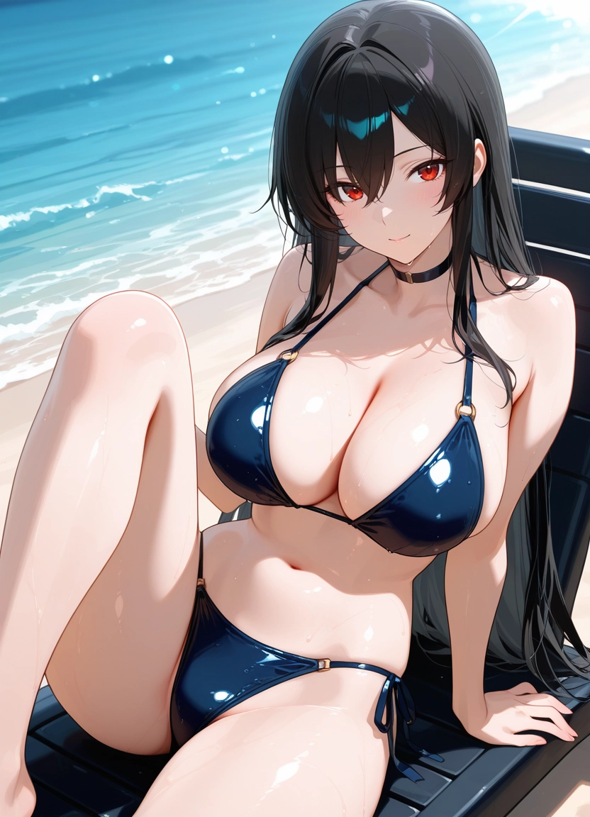 1girl, breasts, solo, red eyes, swimsuit, bikini
