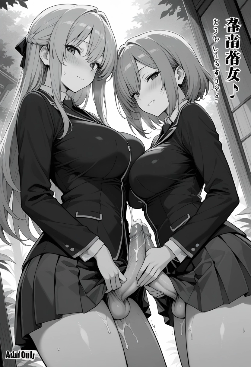 futanari, multiple girls, 2girls, monochrome, breasts, skirt · Yamete.gg