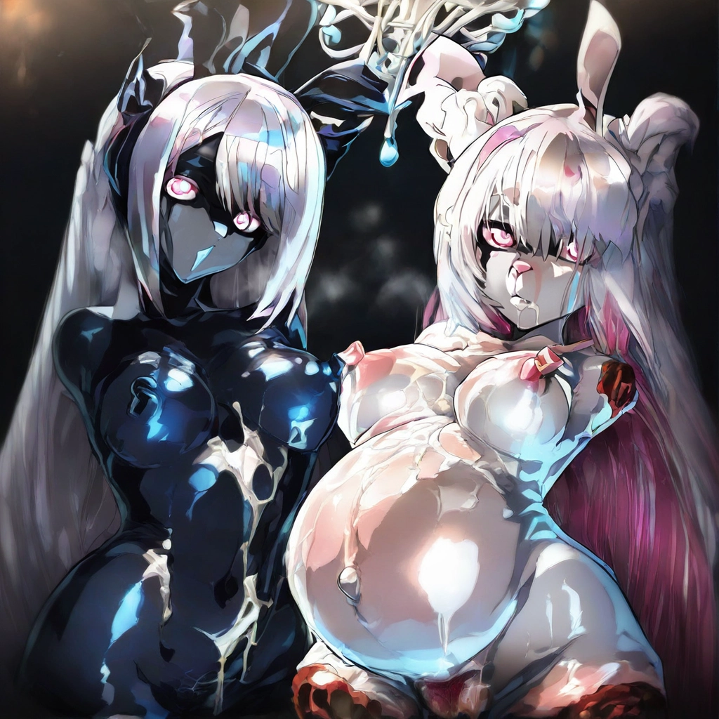 breasts, multiple girls, 2girls, black skin, nipples, long hair
