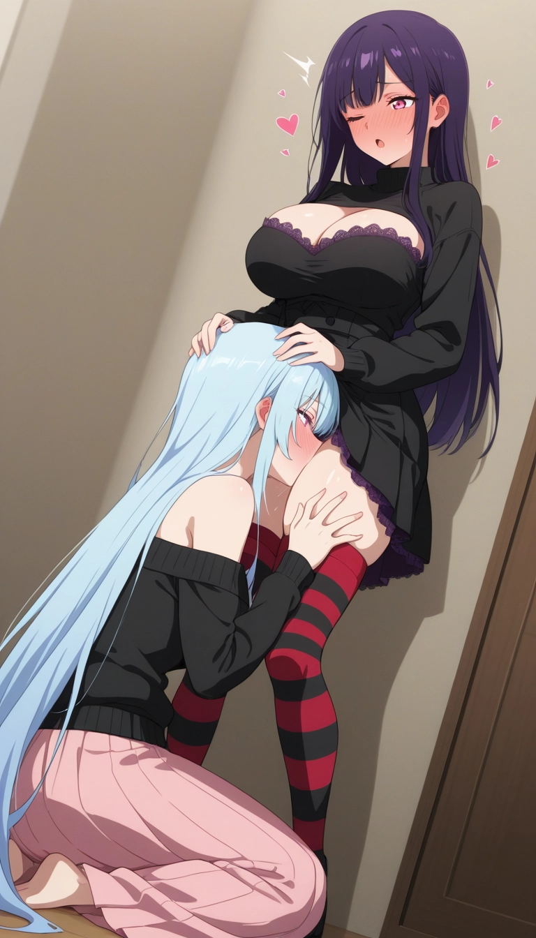 long hair, multiple girls, yuri, breasts, skirt, thighhighs