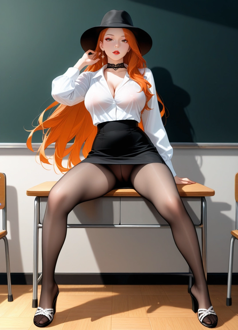 1girl, sitting on desk, solo, breasts, on desk, desk · Yamete.gg