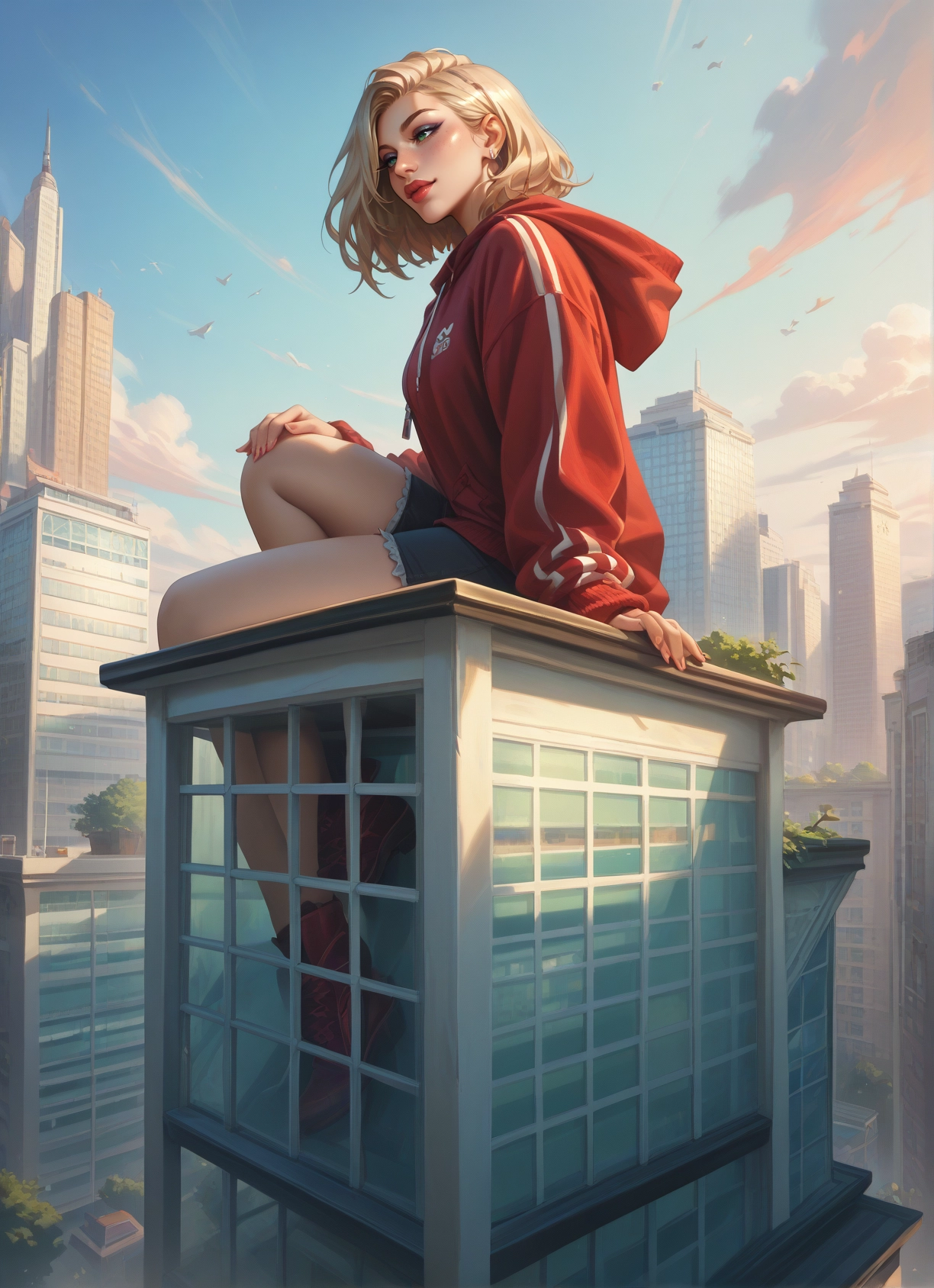 1girl, blonde hair, solo, hood, shorts, sitting · Yamete.gg
