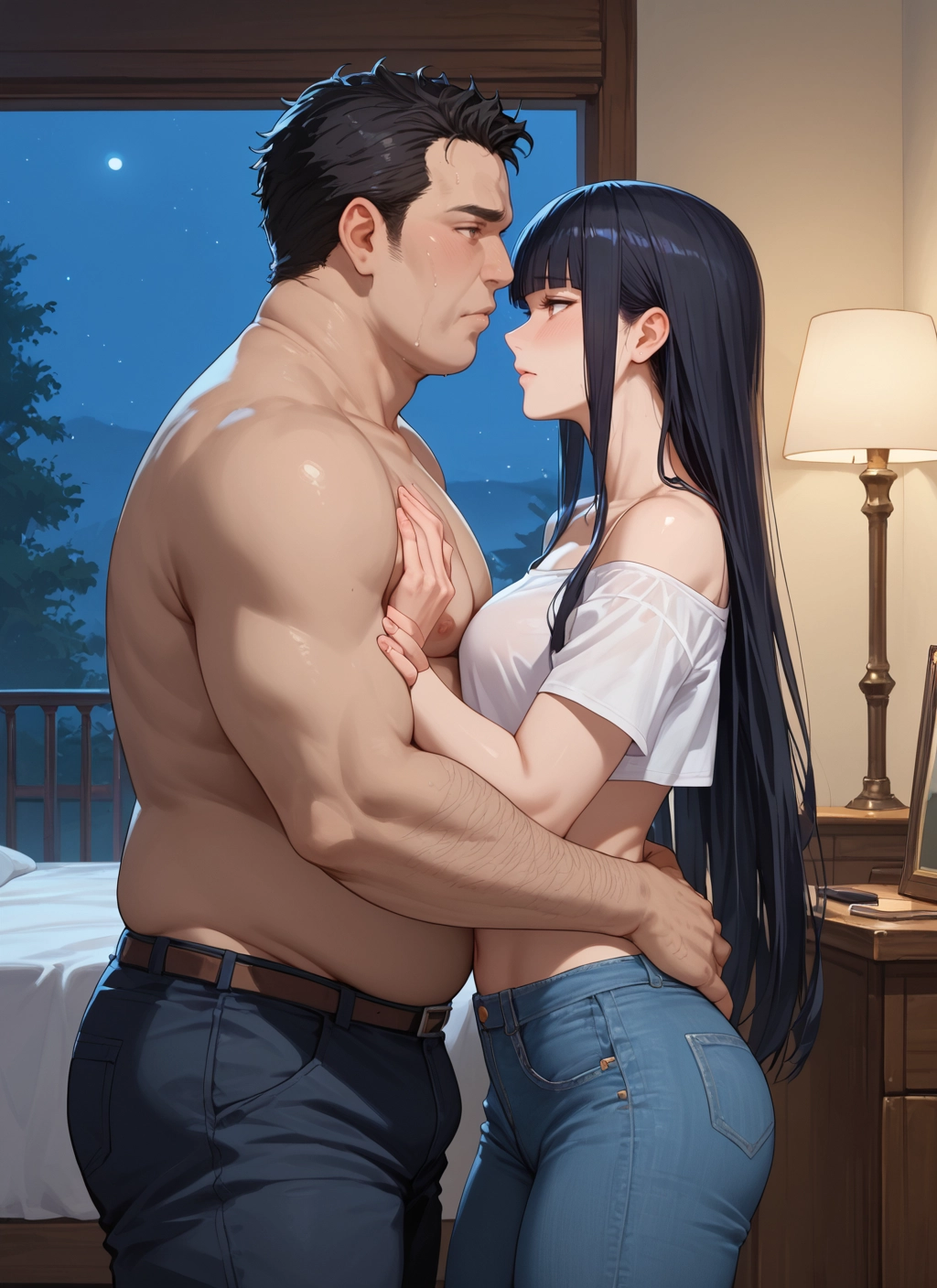 1girl, 1boy, long hair, black hair, pants, denim · Yamete.gg