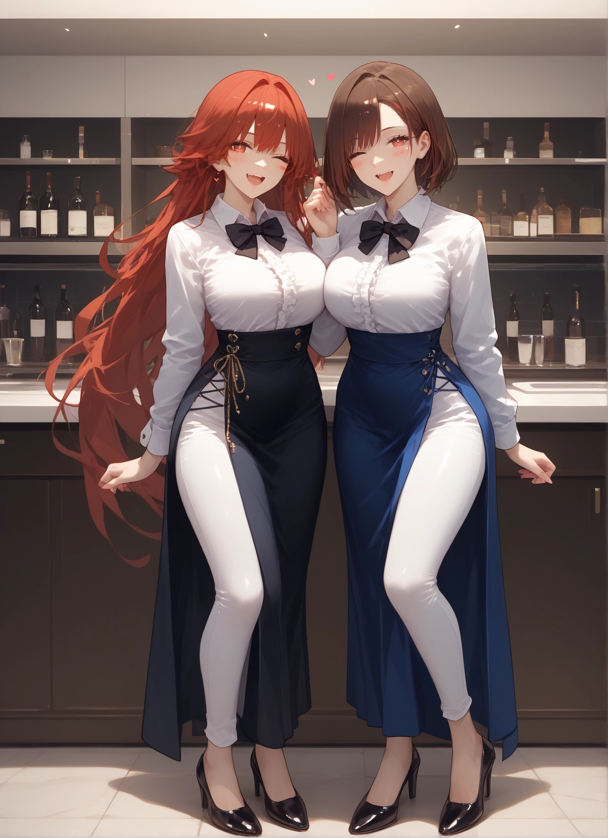multiple girls, 2girls, breasts, long hair, high heels, one eye closed · Yamete.gg