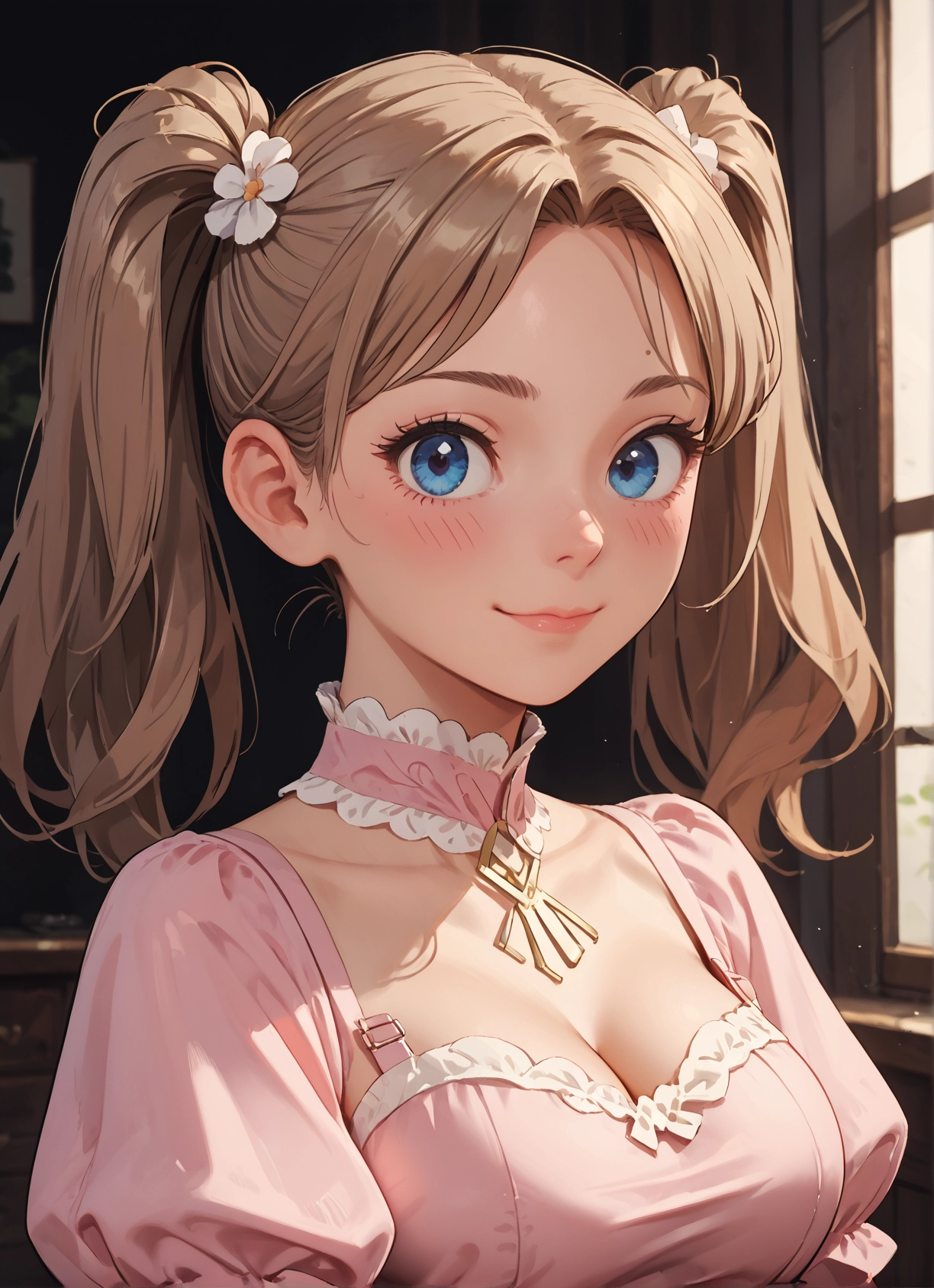 1girl, breasts, solo, blue eyes, twintails, cleavage · Yamete.gg