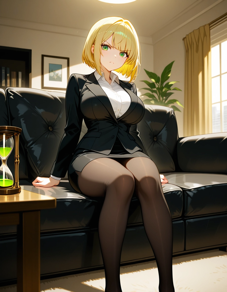 1girl, solo, breasts, blonde hair, pantyhose, green eyes · Yamete.gg