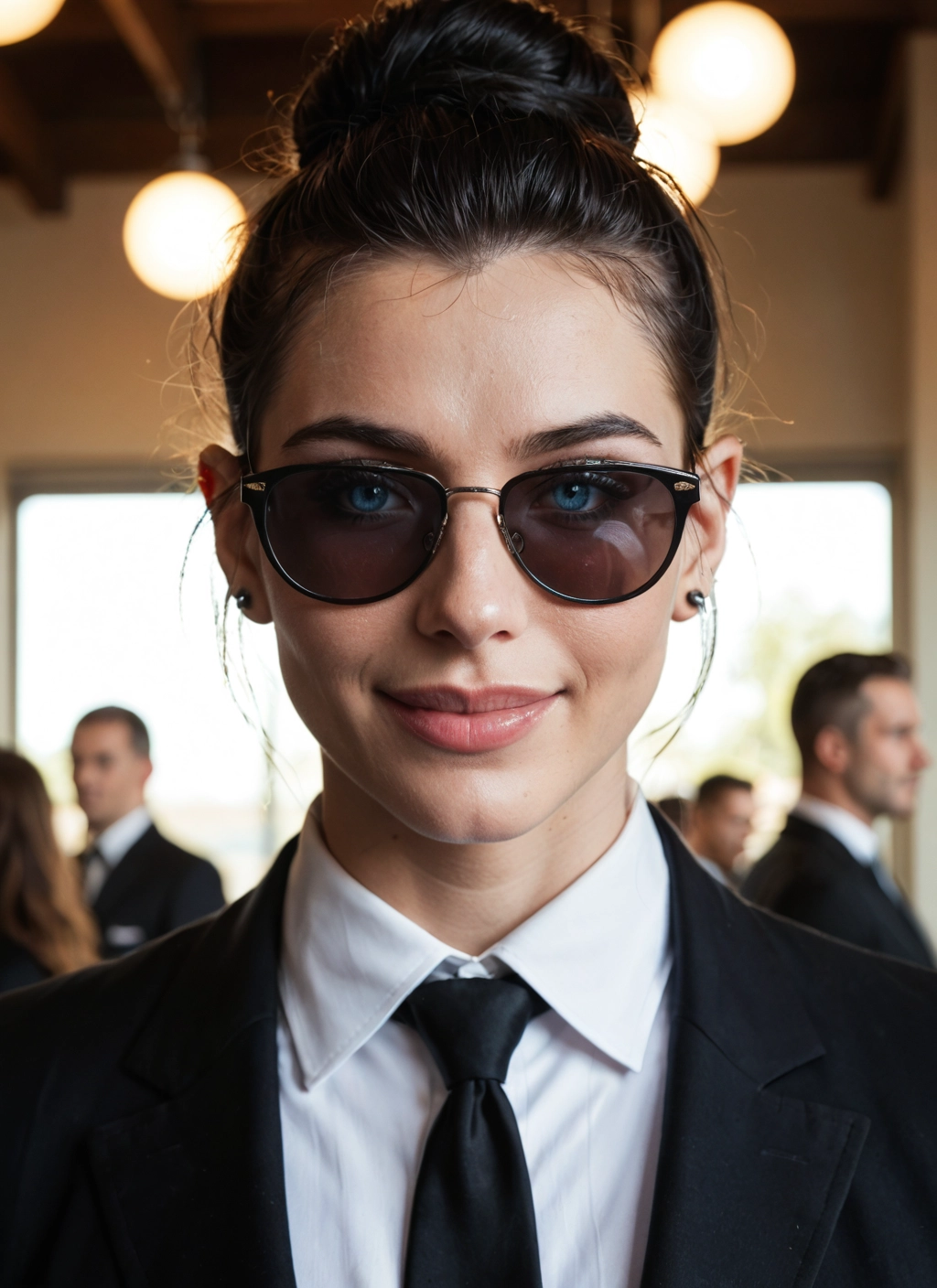 sunglasses, necktie, 1girl, solo focus, blue eyes, earrings · Yamete.gg
