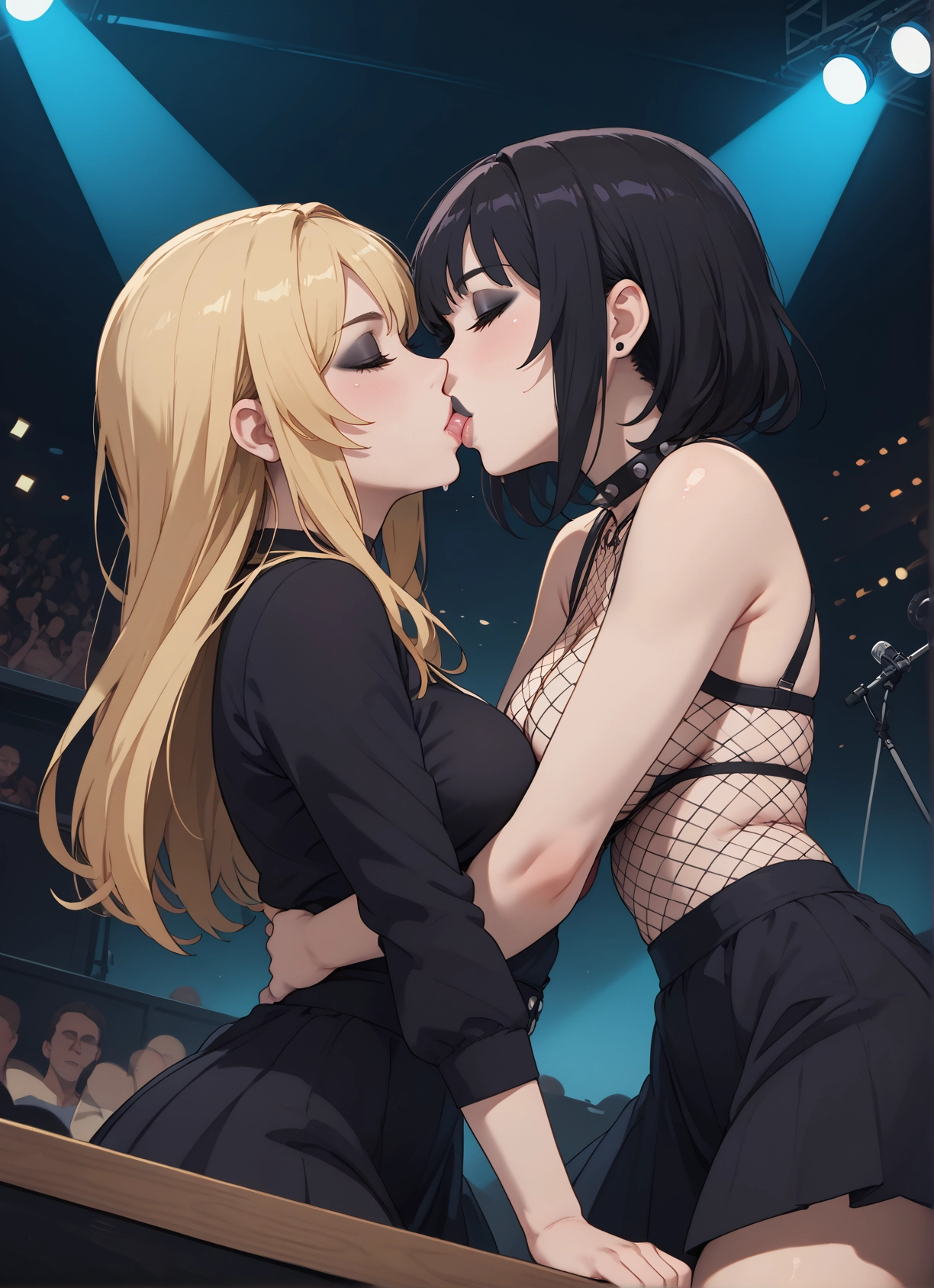 multiple girls, 2girls, yuri, skirt, closed eyes, kiss · Yamete.gg